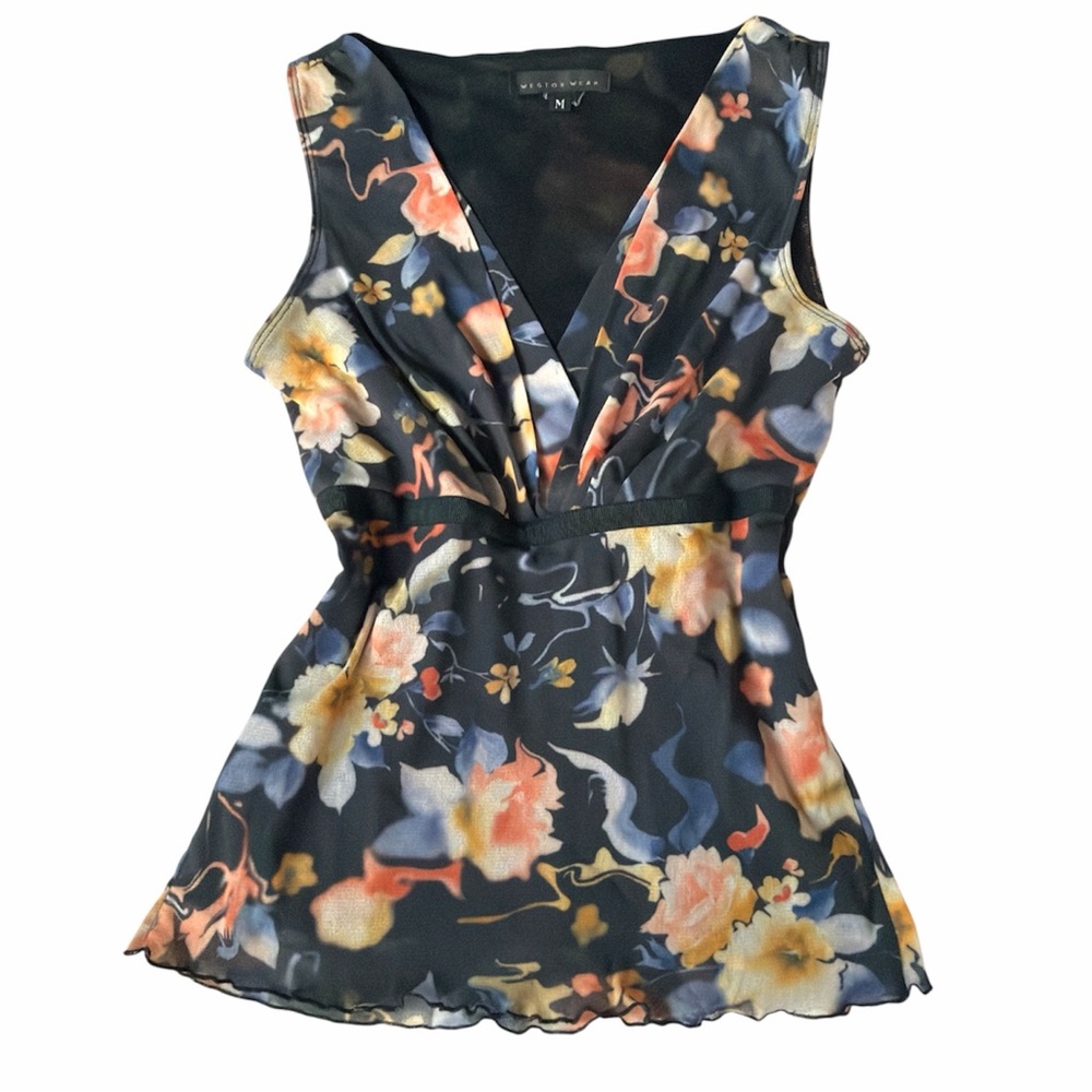Weston wear Y2K mesh sleeveless floral babydoll top